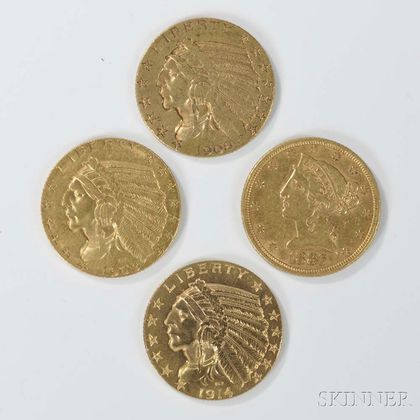 Four $5 Liberty and Indian Head Gold Coins