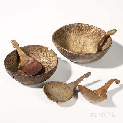 Four Carved Wood Scoops and Two Burl Bowls