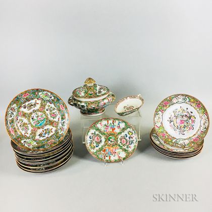 Twenty-one Pieces of Rose Medallion Porcelain Tableware. Estimate $200-400