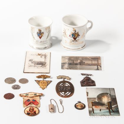 Seventeen Fraternal Medals, Ribbons, Postcards, and Shaving Mugs