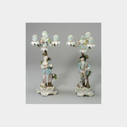 Pair of Figural Meissen Porcelain Convertible Three-light Candelabra