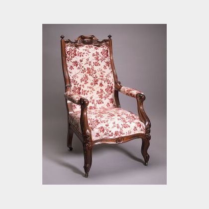 Victorian Renaissance Revival Upholstered Carved Rosewood Armchair. 