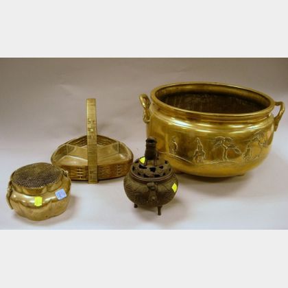 German/Austrian Brass Condiment Basket and Three Assorted Asian Bronze and Brass Items