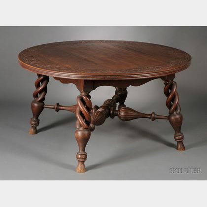 Victorian Circular Carved Oak Center Table with Splayed Barley Double-twist Legs and Crossed-stretchers