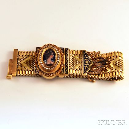 Victorian-style 14kt Gold, Enamel, and Seed Pearl Faux Slide Covered Bracelet Wristwatch