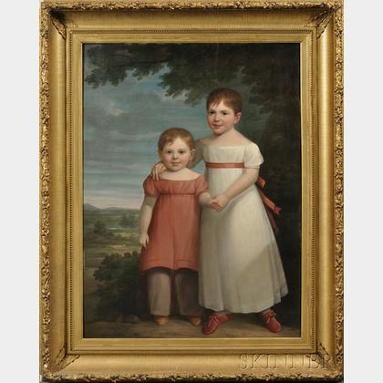 American School, 19th Century Portrait of Two Children in a Landscape.