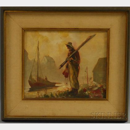 Late 20th Century Oil on Canvas Canadian Dock Scene with Fisherman