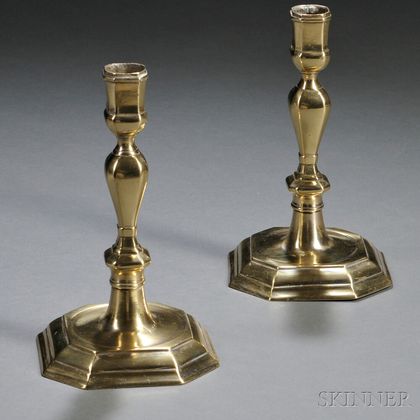 Pair of Queen Anne Brass Octagonal-base Candlesticks