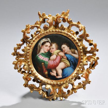 Continental Painted Porcelain Plaque of the Madonna and Child After Raphael