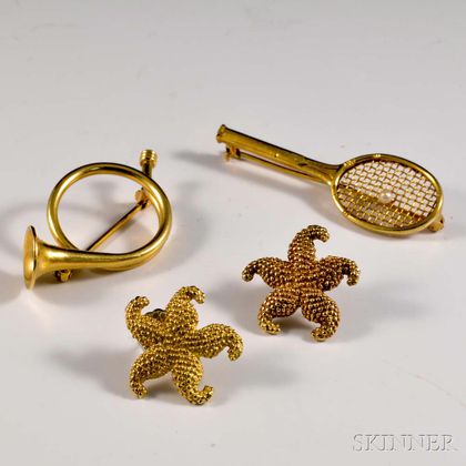 14kt Gold Racket Brooch, French Horn Brooch, and a Pair of Starfish Earrings