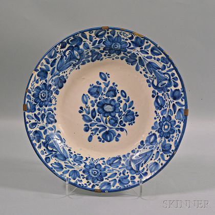 Blue and White Floral-decorated Tin-glazed Ceramic Charger