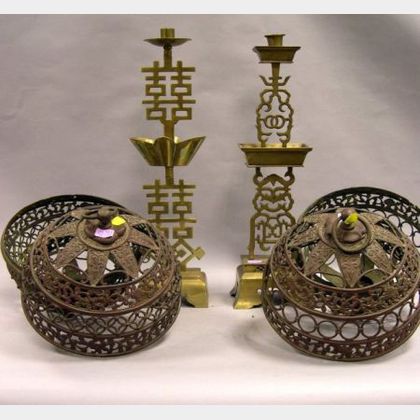 Pair of Chinese Cast Bronze Hanging Lanterns and Two Brass Candlesticks. 
