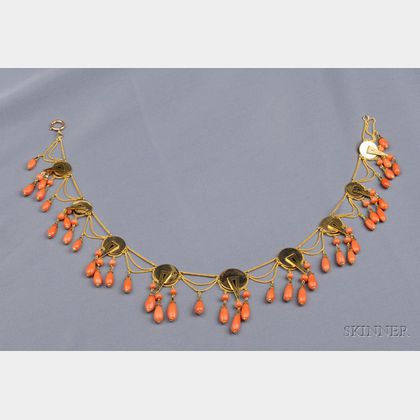 Antique 18kt Gold, Coral, and Enamel Necklace