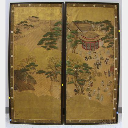 Two Framed Japanese Painted Landscape and Figures in Landscape Paper Screen Panels