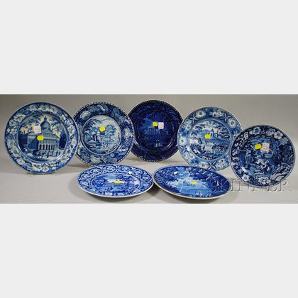 Seven Assorted English Blue and White Transfer-decorated Staffordshire Plates