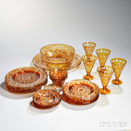 Group of Etched Amber Bohemian Glass Items