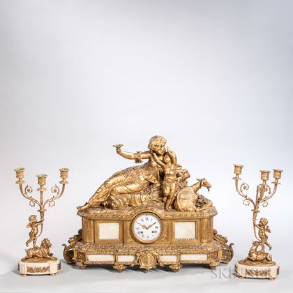 Louis XV-style Three-piece Gilt-bronze Clock Garniture