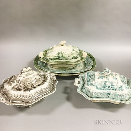 Three Transfer-decorated Covered Ceramic Serving Dishes and Two Platters