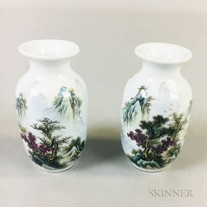 Pair of Miniature Enameled Porcelain Vases