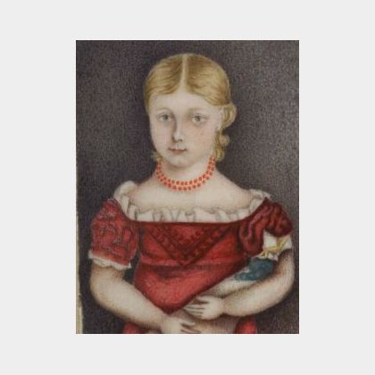American School, 19th Century Miniature Portrait of a Girl Holding a Doll.
