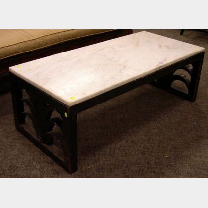 1940s Art Moderne White Marble-top Ebonized Carved Wood Coffee Table. 