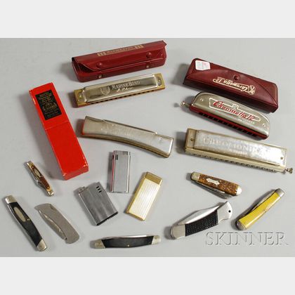 Group of Collectible Lighters, Small Knives, and Harmonicas