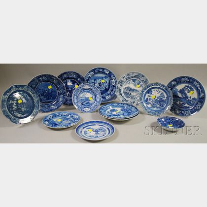 Thirteen Assorted English Blue and White Transfer-decorated Staffordshire Plates