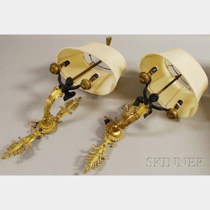 Pair of Neoclassical-style Part-ebonized Gilt-bronze Figural Two-light Wall Sconces with Adjustable Silk Shades