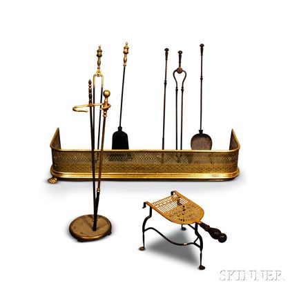 Nine Brass and Iron Fireplace Accessories
