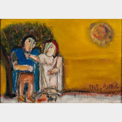 American School, 20th Century Modernist Couple Under a Sun and Yellow Sky.