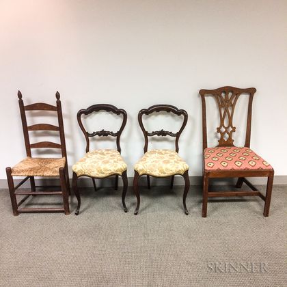 Pair of Rococo Revival Rosewood Side Chairs, a Chippendale Mahogany Side Chair, and a Ladder-back Side Chair. Estimate $20-200