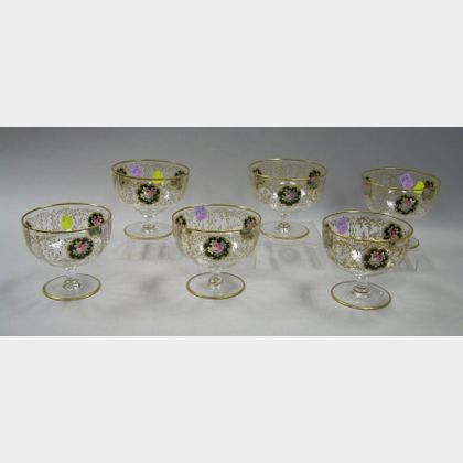 Set of Six Gilt and Enamel Decorated Colorless Glass Footed Bowls. 