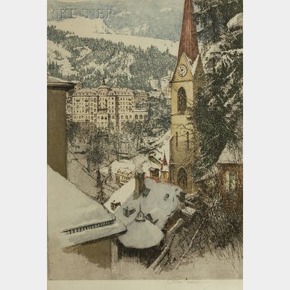 Luigi Kasimir (Austrian, 1881-1962) Lot of Two Views: Bad Gastein, Kirche (Main Street)