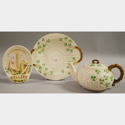 Three Belleek Porcelain Shamrock Items and a Collector's Society Sign