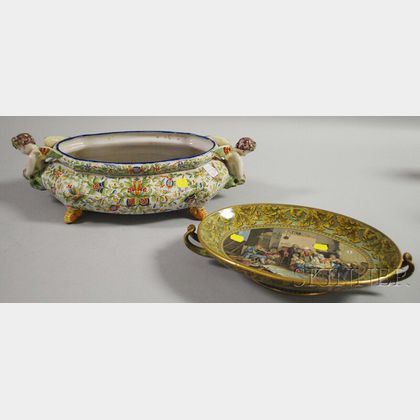 Prattware Transfer-decorated Ceramic Footed Dish and a French Faience Footed Console Bowl. 