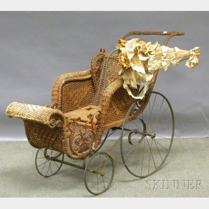 Victorian Fancy Woven Wicker and Iron Pram/Stroller with Parasol. 