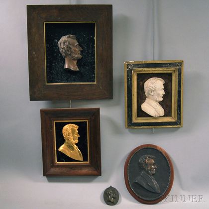 Five Cast Metal and Marble Lincoln Profile Portraits