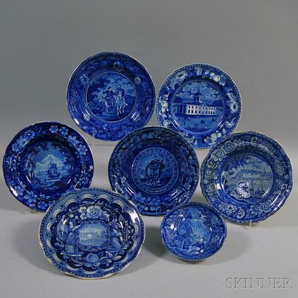 Seven Dark Blue American Historic Transfer Pattern Plates
