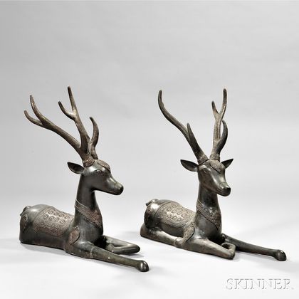 Pair of Cast Bronze Deer with Antlers
