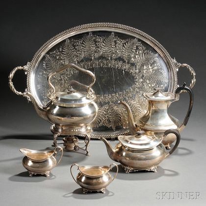 Four-piece Edward VII Sterling Silver Tea Set with an Associated Sterling Silver Coffeepot and Silver-plated Tray