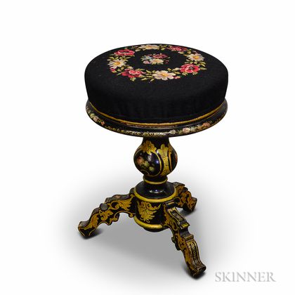 Victorian Black-lacquered and Needlepoint-upholstered Piano Stool
