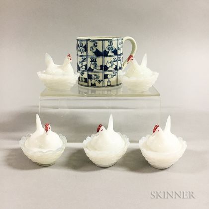 Set of Five Opaque Glass Hen-on-nests and a Pearlware Transfer-decorated Mug