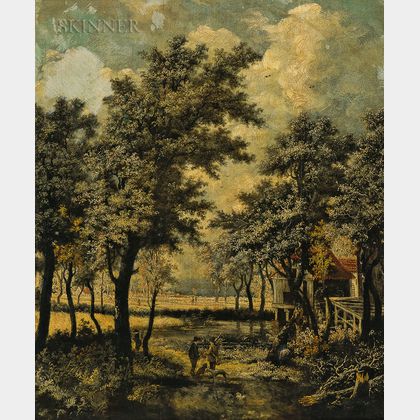 School of Meindert Hobbema (Dutch, 1638-1709) Landscape with Stream and Hunters with Dogs