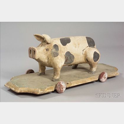 Carved and Painted Wooden Pig Pull Toy