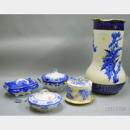 Four Pieces of Blue and White Transfer Decorated Staffordshire Tableware and a Floor Vase