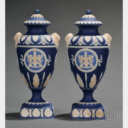 Pair of Adams Three Color Jasper Dip Vases and Covers