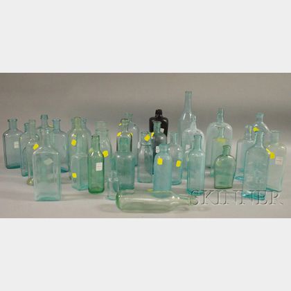 Approximately Thirty-four Aqua Molded and Blown Molded Glass Bottles