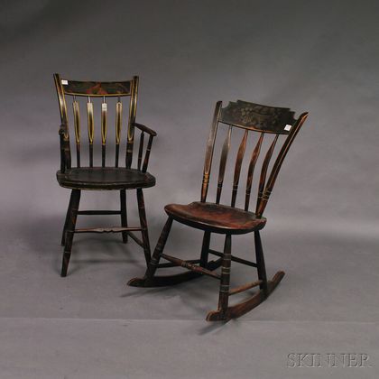Two Stencil-decorated Thumb-back Windsor Chairs