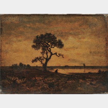 Théodore Rousseau (French, 1812-1867) Twilight Landscape with Tree and Figure at a Pond