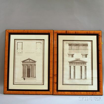 Pair of French Architectural Engravings in Fruitwood Veneer Frames